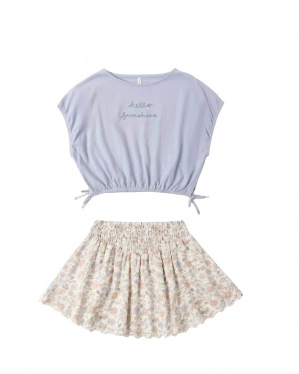 NEW RYLEE + CRU girls hello sunshine cropped cinch tee/smocked mini skirt in blu
